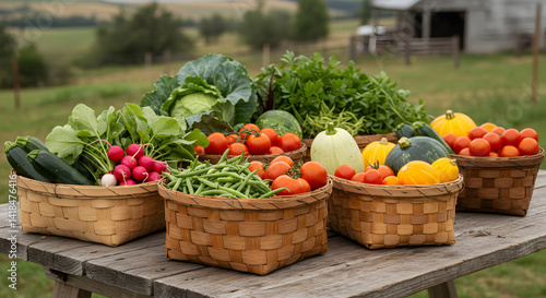 Wallpaper Mural Fresh Harvested Vegetables And Pumpkins In Baskets On A Wooden Table Outdoors Torontodigital.ca