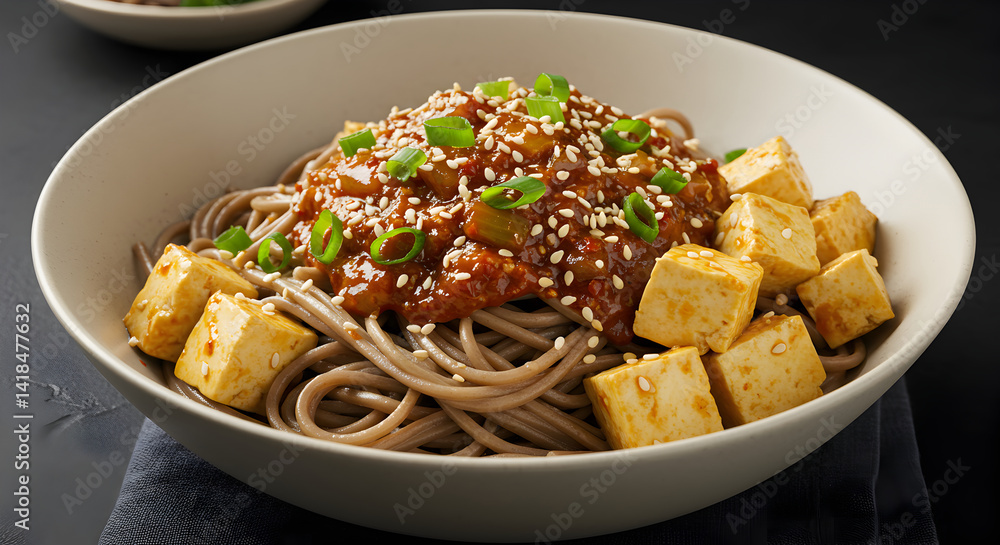 Hearty Bowl Of Soba Noodles Topped With Savory Tofu And Sesame Seeds Hearty Bowl Of Soba Noodles Topped With Savory Tofu And Sesame Seeds