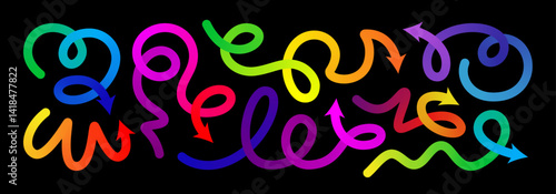 Gradient line arrow vector set. Curved shape doodle icon element, gradation squiggly brush bg. Up and down direction scribble stroke carnival pattern. Change plan graphic sign, color circle curly bold