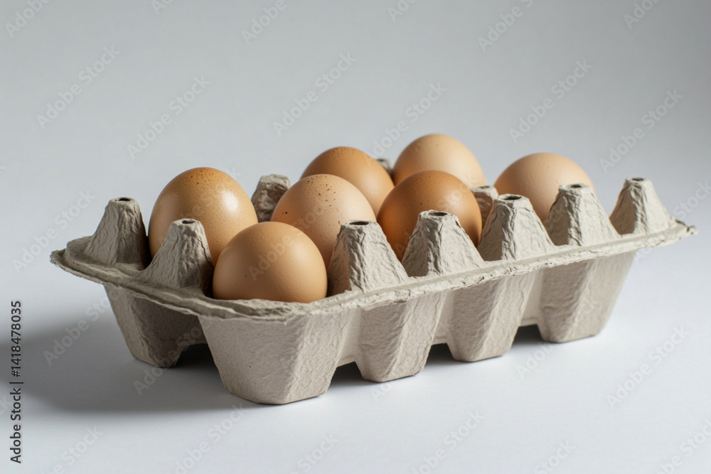 A close-up of an omega-rich egg pack in a sturdy cardboard container on white background A close-up of an omega-rich egg pack in a sturdy cardboard container on white background