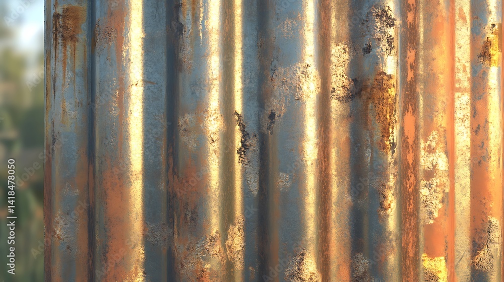Fototapeta premium Oxidized corrugated surface in abstract pattern, light on weathered metal