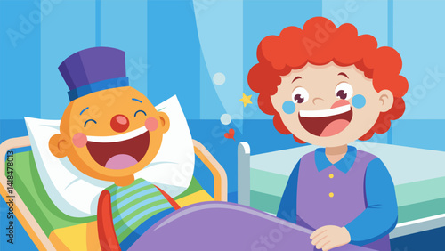 A child in a hospital bed giggles uncontrollably as the clown makes funny faces and tells jokes.. Vector illustration