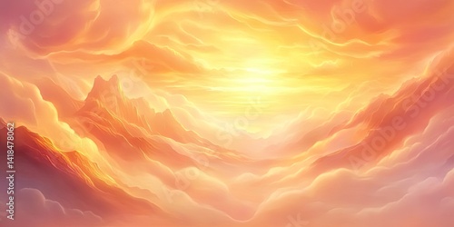 Vibrant sunset over serene mountain landscape with radiant clouds