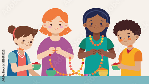 A small group of children huddled around a table carefully threading beads onto strings to make vibrant necklaces representing their faith.. Vector illustration