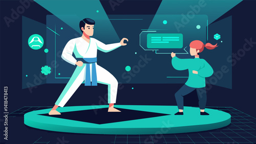 A martial artist training in a virtual dojo with a holographic sensei receiving personalized instruction and guidance.. Vector illustration