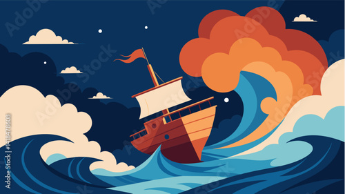 A ship sailing through rough waters symbolizing the dreamers journey through life and its challenges.. Vector illustration