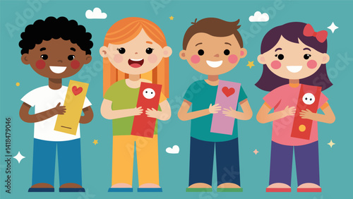 A group of children proudly show off their homemade bookmarks decorated with colorful drawings and inspiring quotes from their favorite books.. Vector illustration