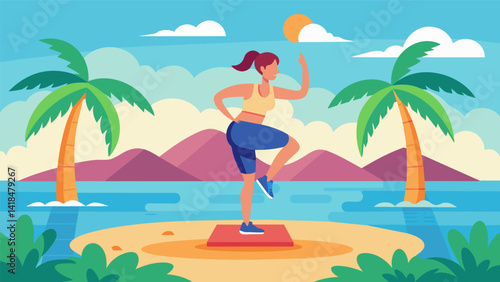 Explore a virtual island paradise while getting your heart rate up with a mix of bodyweight and cardio exercises set against a beautiful tropical. Vector illustration