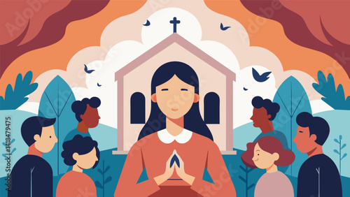 A sense of tranquility fills the air as individuals close their eyes and let go of their thoughts finding inner calm within the quiet walls of a small. Vector illustration