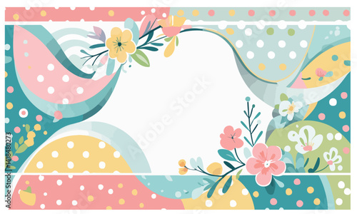 Fresh and cute abstract spring border with geometric curves, pastel polka dots, floral accents, and a clean memphis-inspired composition. Perfect for title cards, spring blog headers,