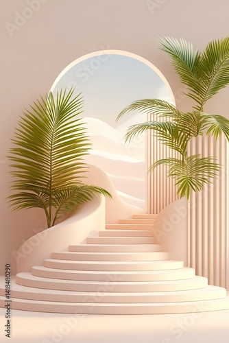 Serene staircase with palm plants leading to desert landscape vista