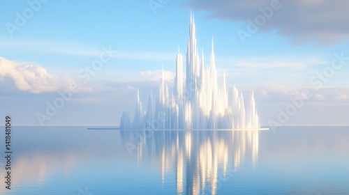Majestic ice castle reflecting on tranquil water under a clear blue sky