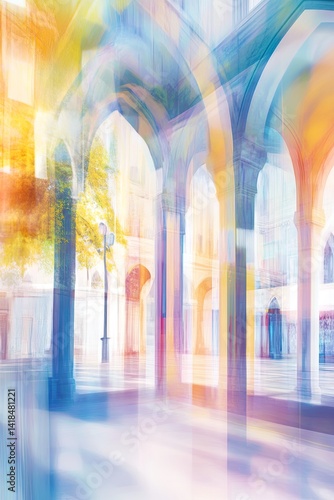 Abstract colorful architecture with glowing arches and soft light