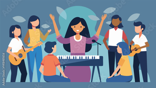 A teenage girl confidently plays the piano as her peers join in on guitar and drums leading the congregation in lively songs of worship.. Vector illustration