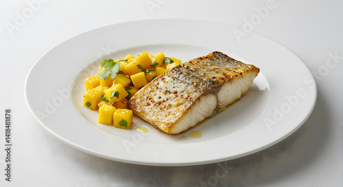 Grilled White Fish Fillet with Tropical Mango Salsa Served on White Plate photo