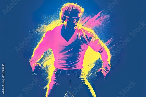 Neon glow portrait of young caucasian male with sunglasses and 80s style