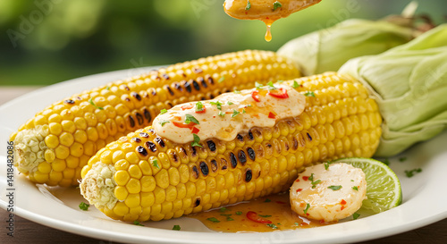 Grilled Corn On The Cob With Lime And Chipotle Butter Close Up