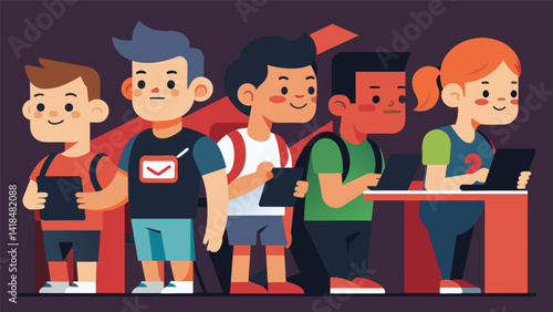 Excited players lined up to register for a fitness gaming tournament eager to showcase their skills and compete against others.. Vector illustration