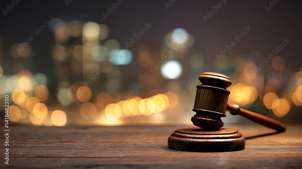 Wooden Gavel on Table with Blurred City Lights Background Wooden Gavel on Table with Blurred City Lights Background