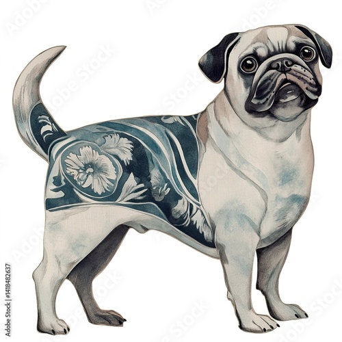 Pug with artistic floral pattern in blue and white design