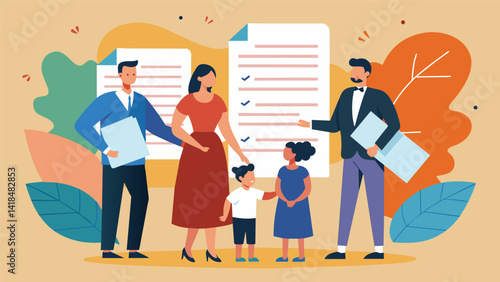 A stack of handwritten marriage certificates passed from person to person as each family member adds their own notes and insights.. Vector illustration