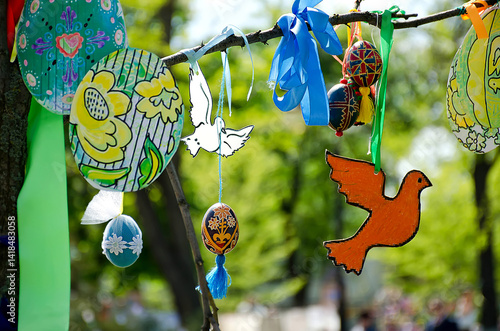 Ukrainian Easter Tree Decorations with Peace Doves and and ribbons