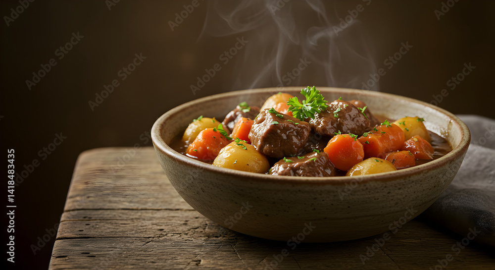 Hearty Irish Beef Stew Bowl Served On Rustic Wooden Table Hearty Irish Beef Stew Bowl Served On Rustic Wooden Table