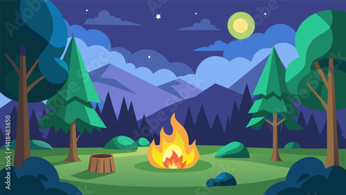 A tranquil forest clearing with a virtual campfire where users can choose soothing background music and nature sounds while the scenery changes to. Vector illustration