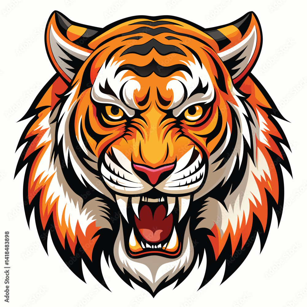 A majestic tiger with vibrant orange and black stripes roars fiercely, displaying its sharp teeth against a bright white background. A majestic tiger with vibrant orange and black stripes roars fiercely, displaying its sharp teeth against a bright white background.