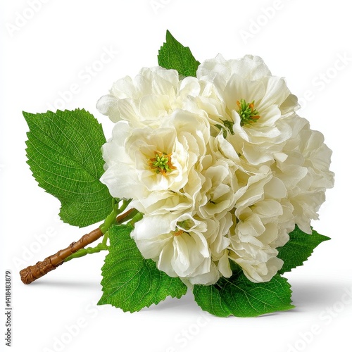 Creamy White Flower Cluster with Green Leaves on White Background