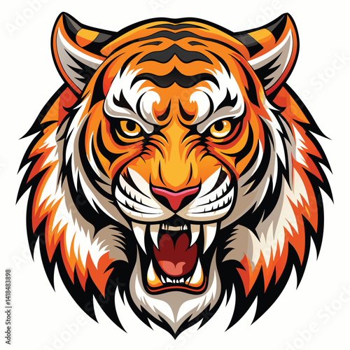 A majestic tiger with vibrant orange and black stripes roars fiercely, displaying its sharp teeth against a bright white background.