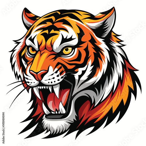 A majestic tiger with vibrant orange and black stripes roars fiercely, displaying its sharp teeth against a bright white background.