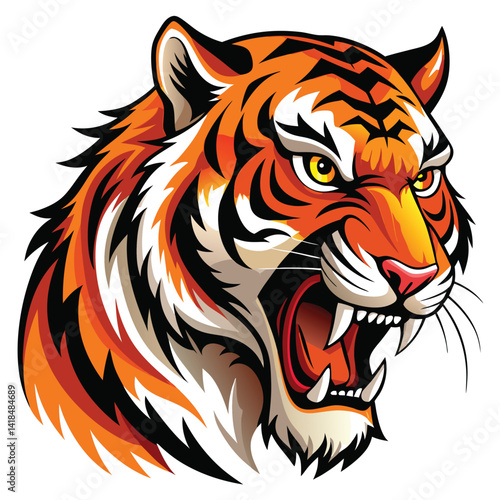 A majestic tiger with vibrant orange and black stripes roars fiercely, displaying its sharp teeth against a bright white background.