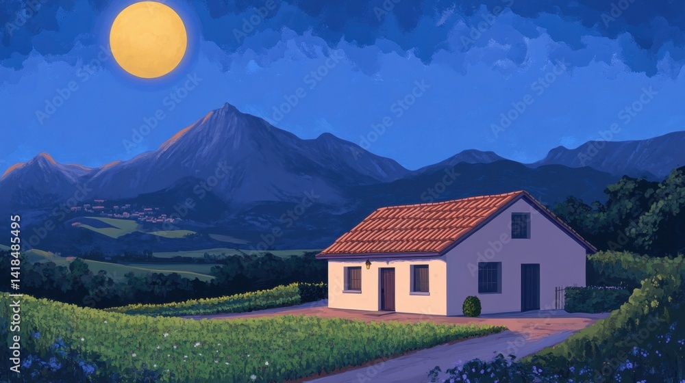Moonlit house nestled in hills serene cozy under the night sky Moonlit house nestled in hills serene cozy under the night sky