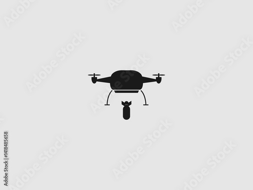a black silhouette of a drone in flight positioned above a black bomb or missile that appears to be attached to it or falling from it