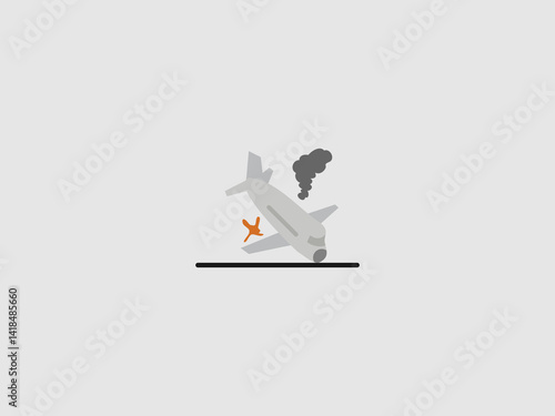 a light gray cartoon airplane that has crashed and is tilted downwards on a black ground line