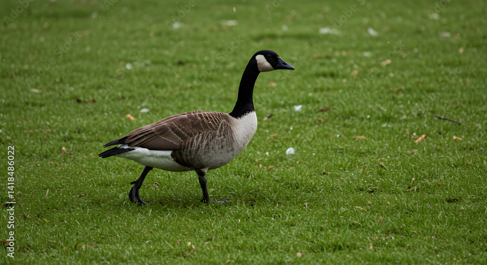 Canadian Goose Foraging On Lush Green Grass In Natural Habitat Canadian Goose Foraging On Lush Green Grass In Natural Habitat