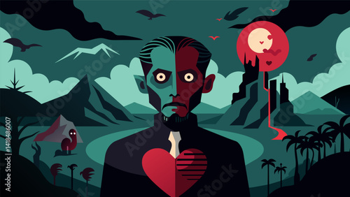 A surrealist painting inspired by the haunting journey of Marlow in Heart of Darkness incorporating elements of the Congo and the ominous shadow of. Vector illustration