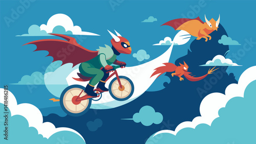 Speeding through the clouds on a flying bike racing against griffins and dragons.. Vector illustration