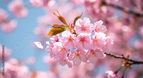 Close-up of soft pink cherry blossom flowers with delicate petals drifting in the wind