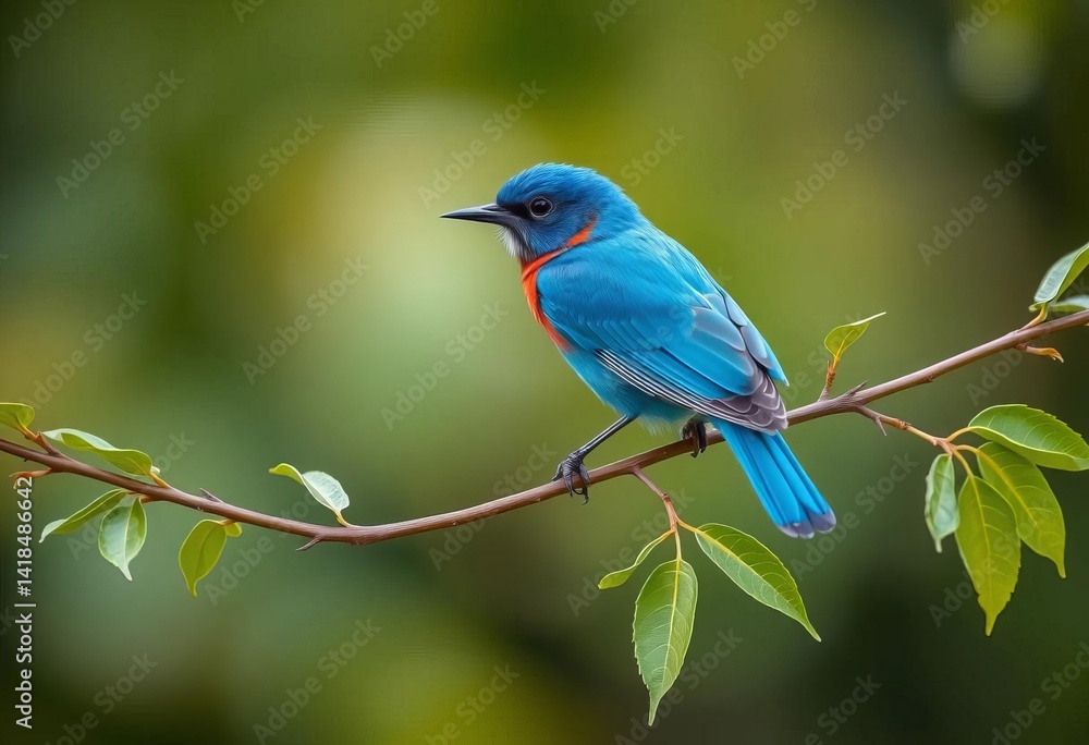 A vibrant blue bird perched on a slender, leaf-laden branch, happy, woodland A vibrant blue bird perched on a slender, leaf-laden branch, happy, woodland