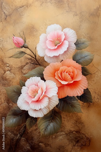 Delicate pink and orange flowers with green leaves on textured background