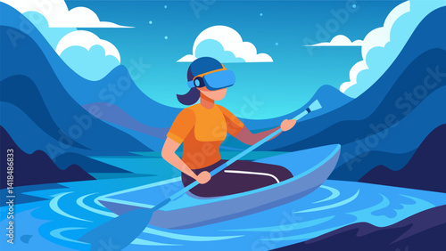 A person wearing a VR headset and using a rowing machine completely immersed in a virtual river paddling against a strong current.. Vector illustration