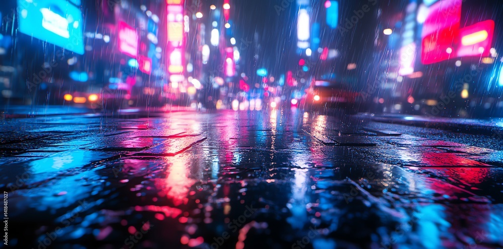 Fototapeta premium Rainy City Street at Night with Colorful Reflections