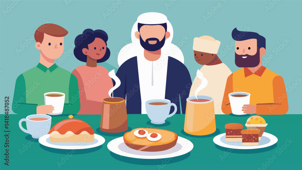 A spread of traditional breakfast dishes with steaming cups of coffee serving as a backdrop for the mens discussions and prayers.. Vector illustration A spread of traditional breakfast dishes with steaming cups of coffee serving as a backdrop for the mens discussions and prayers.. Vector illustration