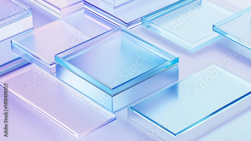 Transparent, stacked glass-like blocks illuminated by soft blue and purple light. The varying heights and sizes create a modern, abstract composition with smooth surfaces and geometric symmetry.