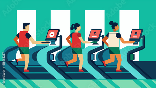 A row of treadmills are occupied by users wearing wristbands that track their heart rate distance and calories burned in real time on a large wall. Vector illustration