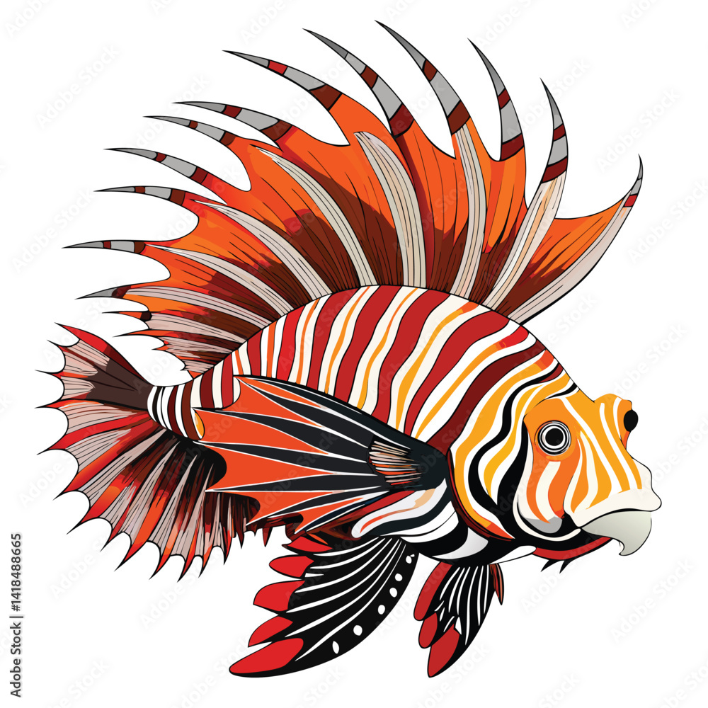 Fototapeta premium A striking lionfish with zebra-like stripes and elaborate spiky fins floats gracefully on white backdrop.