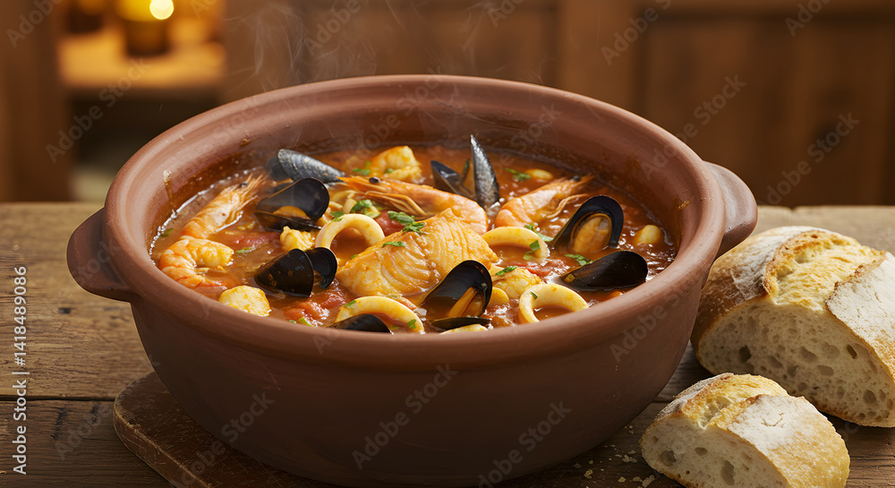 Fototapeta premium Delicious Seafood Stew Served in Rustic Ceramic Pot with Fresh Bread