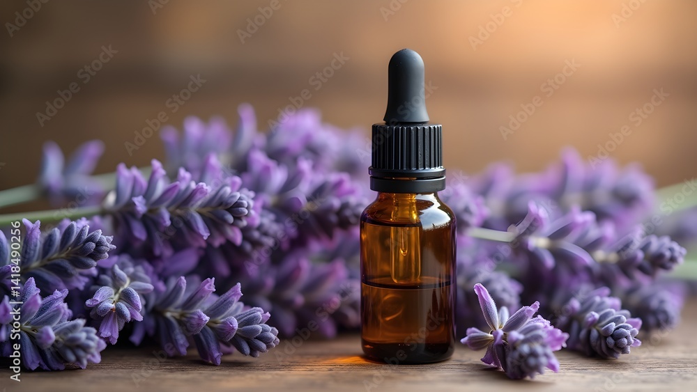 Essential oil bottle with lavender blooms for aromatherapy, natural medicine and wellness Essential oil bottle with lavender blooms for aromatherapy, natural medicine and wellness